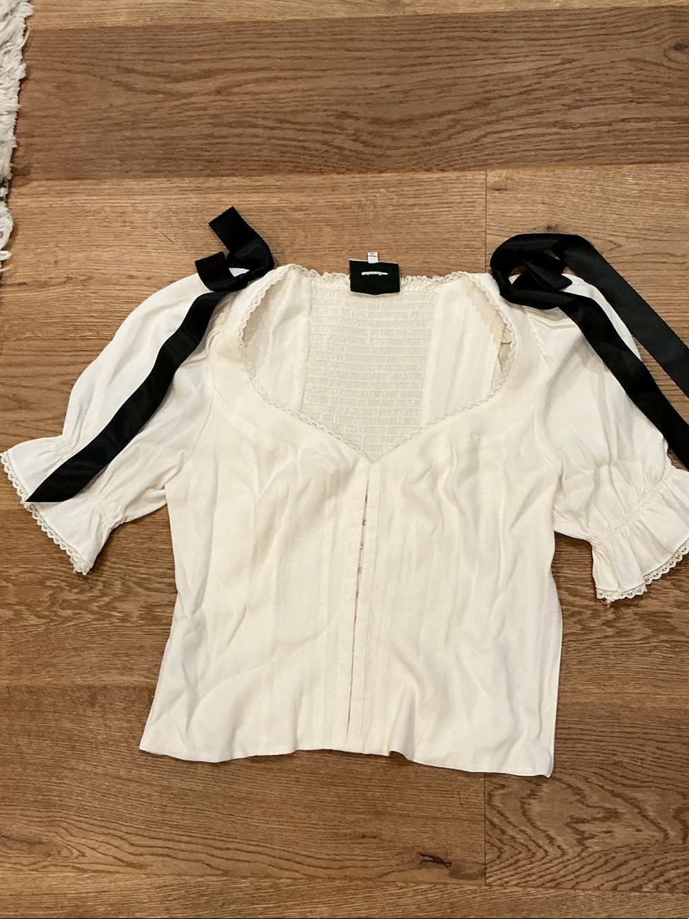 Reformation Cream Puff Sleeve Blouse with Black Ribbon Ties